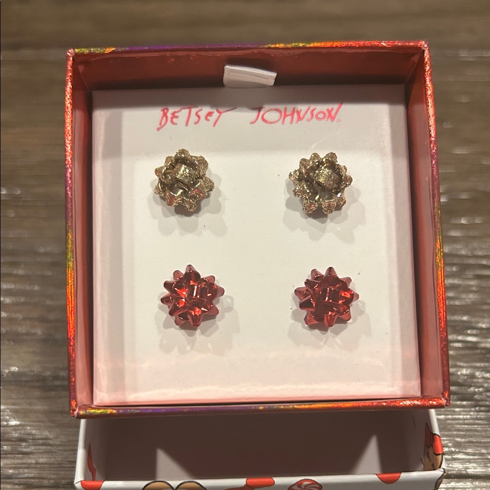 Betsey Johnson Gold and Red Bow Earrings Set